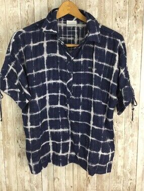 Womens Columbia Navy Tie Dye Short Sleeve Collar 1/4th Button Down Cotton Top sm